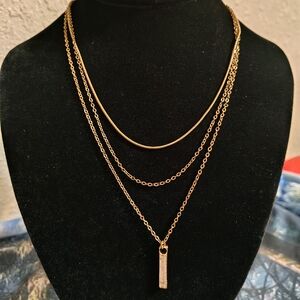 Elegant Gold Toned 3 Layer Necklace with Golden Slide Bar Pendent